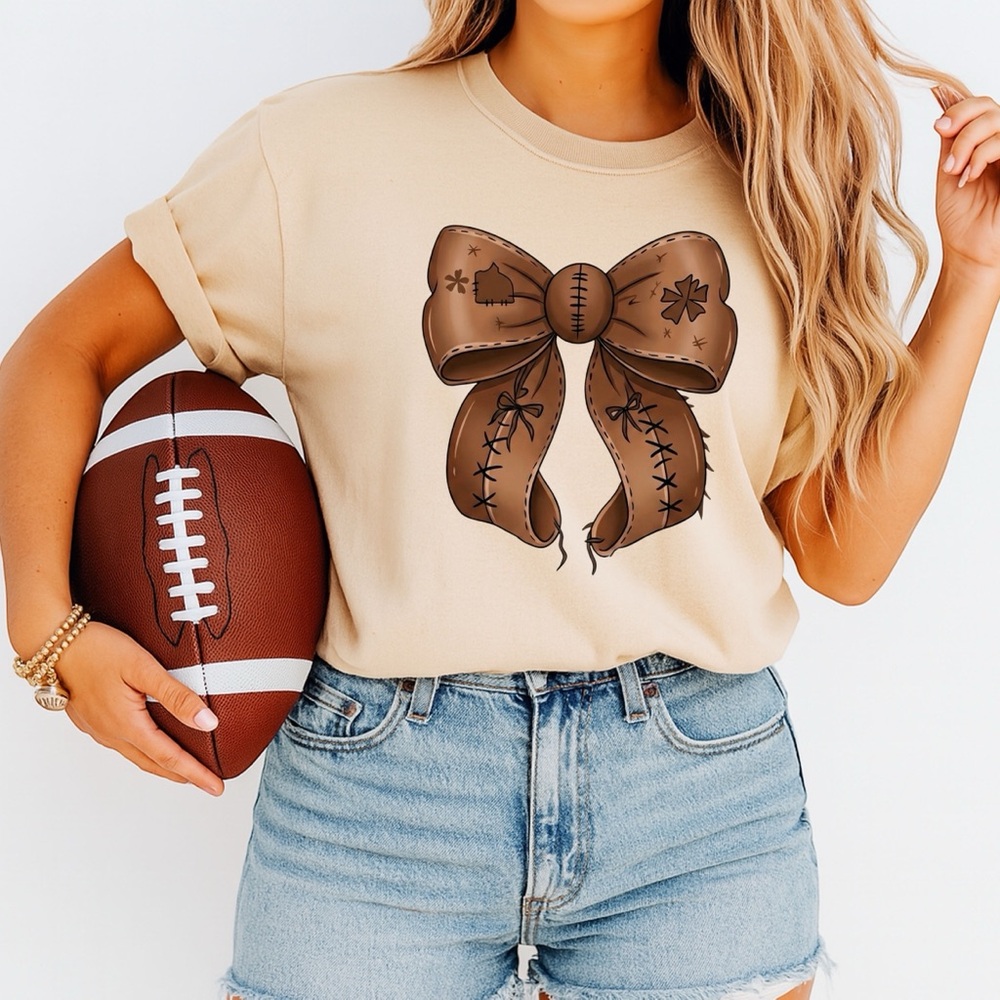 🏈 Coquette Football T-shirt 3d faux leather bow S M L XL new Game day